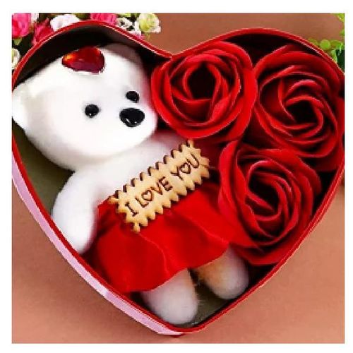 Teddy With Heart On Head With Roses In Metal Heart Shape Tin, Assorted (Red/Pink/Rose/Purple/Blue)