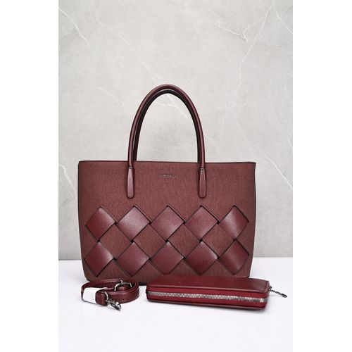 Elegant Burgundy Woven Handbag & Matching Wallet Set – Dual Handles, Structured Design & Coordinated Accessories