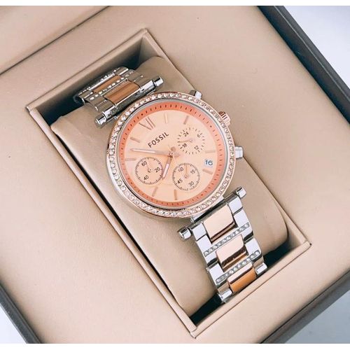 Fossil LuxeChrono™ RoseGold Elegance – Premium Two-Tone Ladies Luxury Watch (Peach Dial)