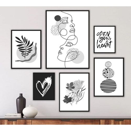 6 Piece Modern Abstract Gallery Wall Art Set With Glass. Ready To Hang. Wooden Frames. Black, White & Clear Wooden
