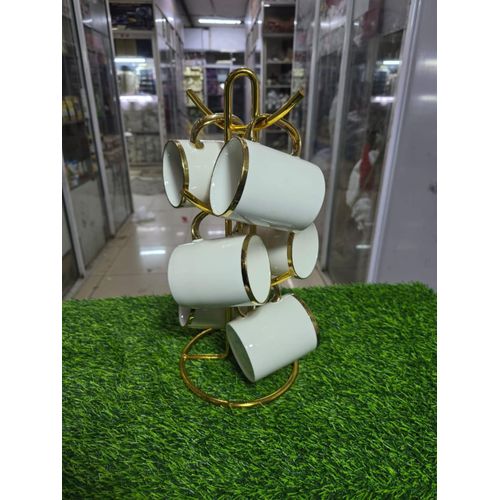 6pc White Ceramic Mugs with Gold Rim – Elegant Coffee & Tea Cups Set, 350ml