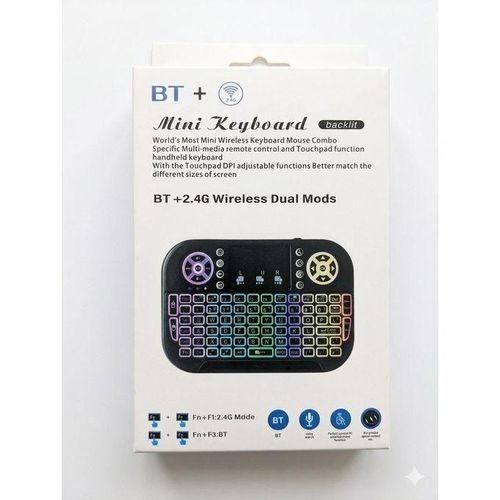 AA BT + 2.4G Wireless Dual Mode Mini Keyboard with a built-in touchpad mouse combo, commonly used for Smart TVs, TV boxes, and computers. Bluetooth mini keyboard
