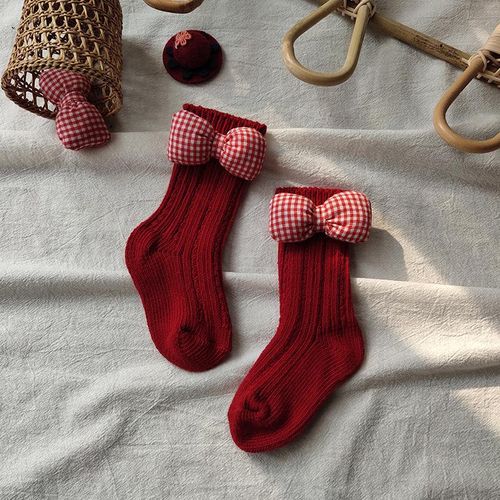 Baby Girls Knee High Socks Kids Cotton Red Big Bow Christmas Sock Solid Woolen Leg Warmers Girl Toddler Soft Socks For 0-3Years1-3YearsM