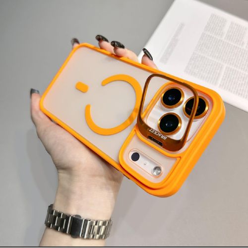 VOFATA For iPhone 17 Pro Max Transparent Magnetic Smiley Face Case with Camera Lens Protector and Kickstand – Strong MagSafe Connection, Shockproof Protection, and 9H Tempered Glass Camera Cover – Orange