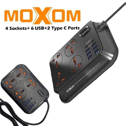Model MX-ST06 Extension Socket – 12-in-1 Power Strip with 4 AC Outlets, 6 USB Ports, 2 Type-C Ports, 3.4A 17W Fast Charging, 2m Cord, Surge Protection for Home Office