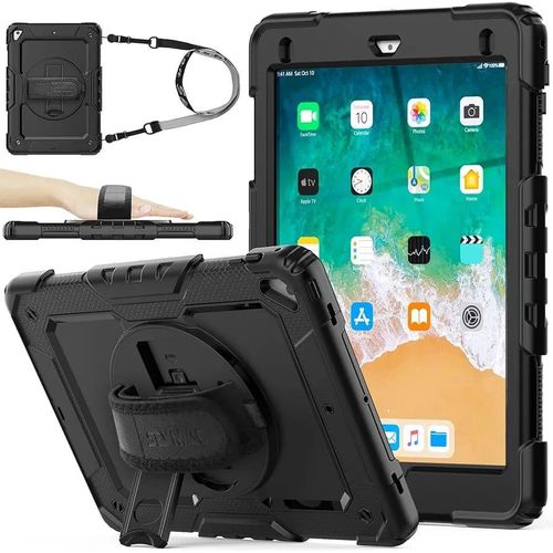 stock Case for iPad 6th / 5th Generation Case/Air 2 / Pro 9.7 inch, Heavy Duty Protective with Screen Protector, with Pencil Holder, Hand Strap, Shoulder Strap, 360 Rotate Stand, Black
