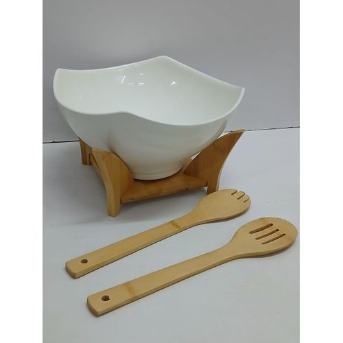 Ceramic Salad Bowl with Bamboo Stand