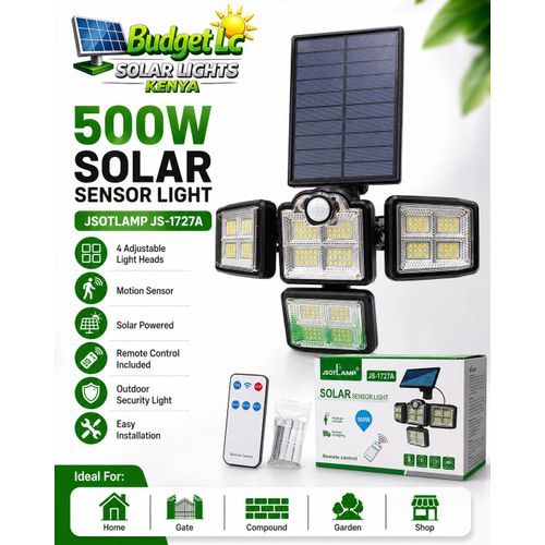 500W Solar Sensor Security Light 4 Head Outdoor Solar Floodlight With Motion Sensor, Remote Control & Solar Panel