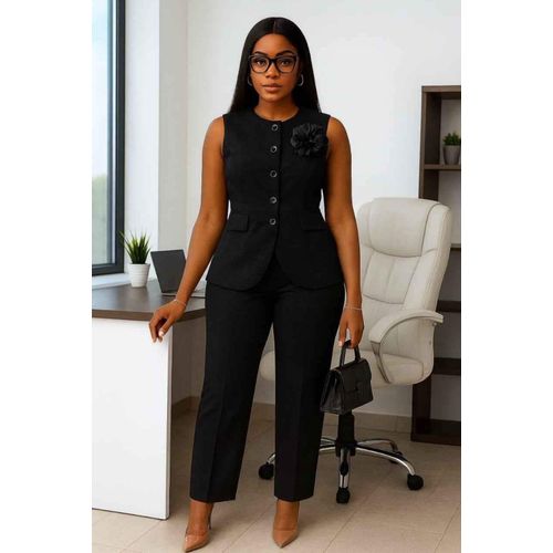 Ladies Elegant Women’s 2-Piece Office Set – Waistcoat with Flower & Trousers Suit.