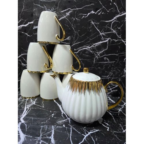 7-Piece Golden Ceramic Tea Set – 6 Mugs & 1 Teapot
