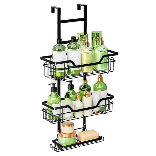 Hanging Bathroom Organizer Shelf With Soap Holder & Hooks (Black)