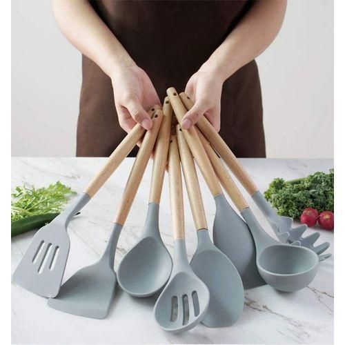 12pcs Non-stick silicone spoon set with wooden handles and Holder