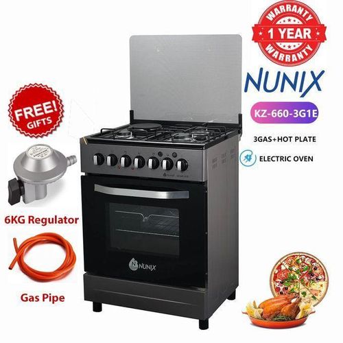 60x60, 3 Gas Jet Burners + 1 Hot Plate, Electric Oven, Rotisserie,Standing Gas Cooker+FREE 6KG REGULATOR+GAS PIPE