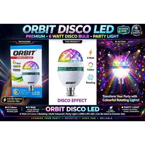 Orbit Disco LED Rotating Bulb 6 Watt Colorful rotating LED disco bulb, 6W. Automatically spins to create a vibrant stage lighting effect perfect for parties, home décor, and entertainment spaces.