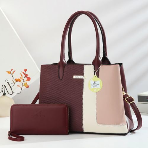 Xuanli Lisa Elegant Tri-Color Paneled Tote Bag with Matching Wristlet Wallet - Maroon, Cream & Blush Pink