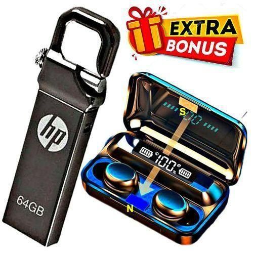 F9 Heavy Bass Earphones Bluetooth Wireless Earbuds // Earpods + Extra Bonus 3.0 Metallic 64 GB High Speed Flash usb Disk Drive 64GB