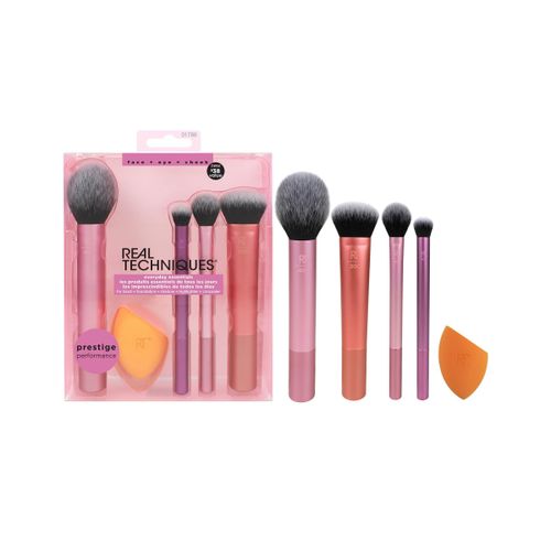 Everyday Essentials Set 400 Blush Brush 300 Deluxe Creasing Brush 402 Setting Brush 200 Expert Face Brush Miracle Complexion Sponge