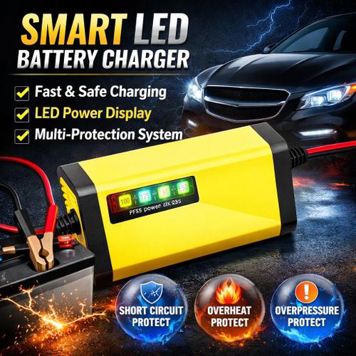 Smart Car Battery Charger with LED Power Display – Multiple Protection, Fast & Safe Charging