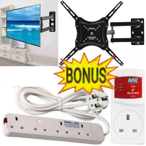 Best Heavy Duty Full Motion Rotating 360 Degree TV MOUNT Smart TV 32inch & 43 Inch TILT ROTATING WALL MOUNT BRACKET + EXTRA BONUS BEST 4 Way Power Extension Cable Socket For Smart TV & TV GUARD Voltage Power Protector