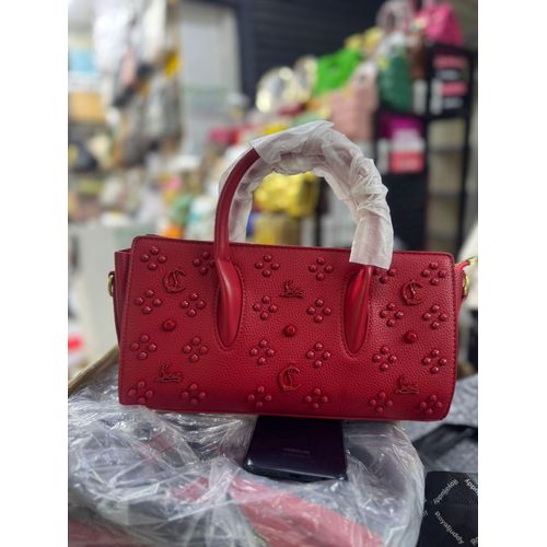Luxury Red Textured Handbag with Embossed Logo and Stud Embellishment