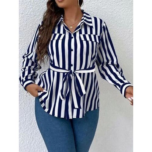 Women’s Navy & White Striped Button-Up Shirt with Tie Belt & Chest Pockets