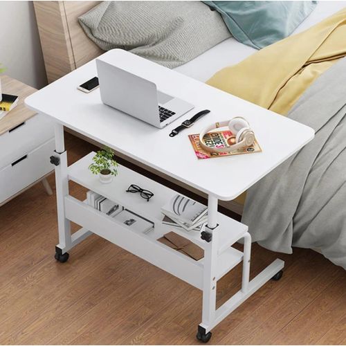 Adjustable Movable Laptop Table with Wheels Height Adjustable Rolling Study Desk Bedside Computer Desk Portable Laptop Stand with Storage Shelf Heavy Duty 50kg Load for Home Office Bed Use