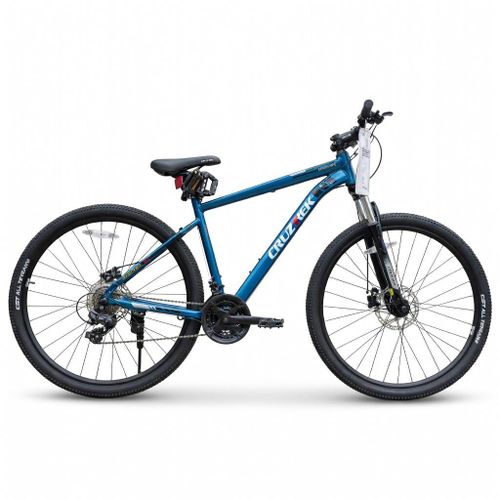 CruzTrek 29 Komendo 21 Aluminum Mountain Bike Blue Shimano 21 Speed Lockout Suspension 29er MTB Mechanical Disc Brakes Adult Trail Bicycle