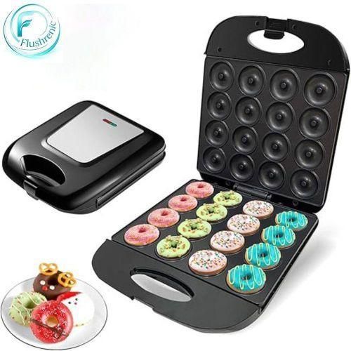 Flushrenic Mini Donut Maker, waffle maker,a 16 hole electric donut and pancake maker suitable for children, with a non stick surface, perfect for those who love desserts and make homemade donuts (black)