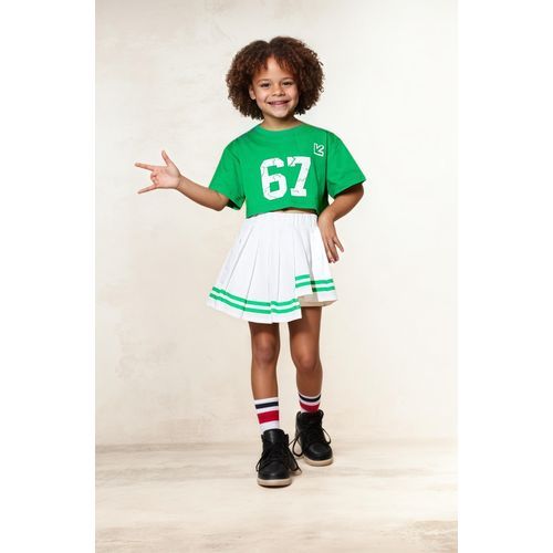 Girls 2 Piece Outfits Green Letter Printed T-Shirt Top Plus White Pleated Skirt-130cm