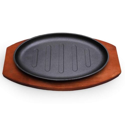 Pan With Wooden Tray Cast Iron Hot Sizzling Plate