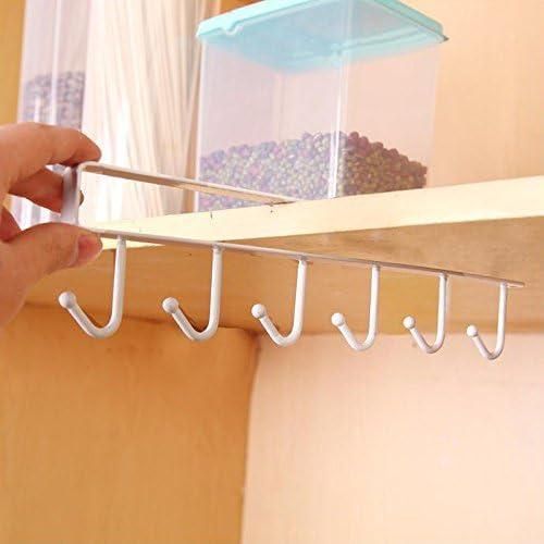 Under-Shelf Metallic Hook Organizer – Slide-On 6-Hook Kitchen Cabinet Mug Holder, Drilling-Free Cup Hanging Storage Rack for Kitchen Utensils, Ties, and Scarves