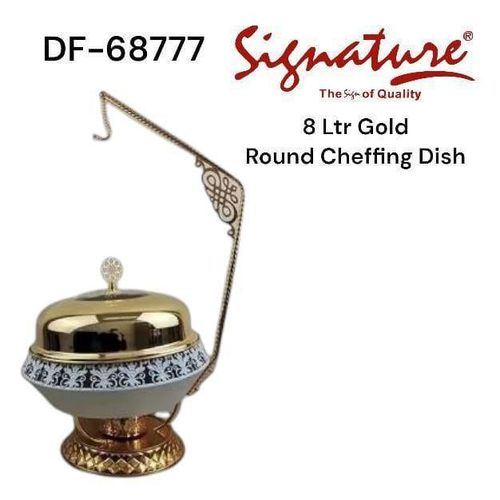 8 Ltr Gold Plated Round Cheffing Dish with Hanging Stand for Holding the Lid