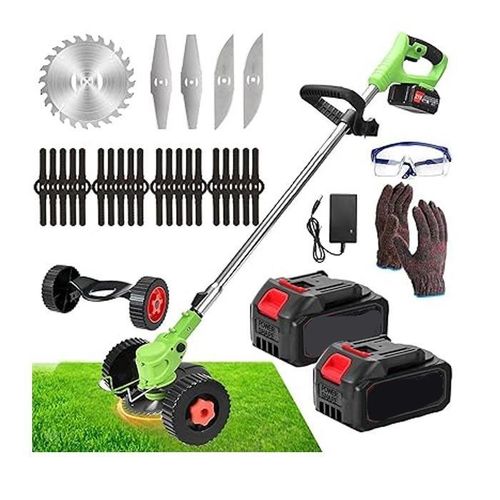 Cordless Lawn Mower Brush Cutter with Two 96V Rechargeable Lithium Batteries and Two Wheels