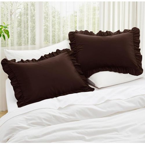 Ruffle Pillow Cases Standard Size Set of 2, Ruffled Pillow Covers with Envelope Closure, Wrinkle Resistant Ruffled Pillow Shams 20 x 26, Brown