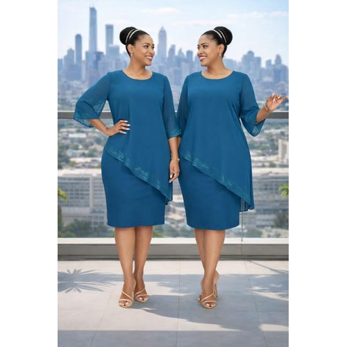 Ladies Classy Turquoise Blue Dress With Attached Cover Up