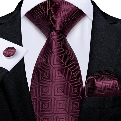 Mens Tie Wine Red Plaid Necktie With Cufflinks And Pocket Square