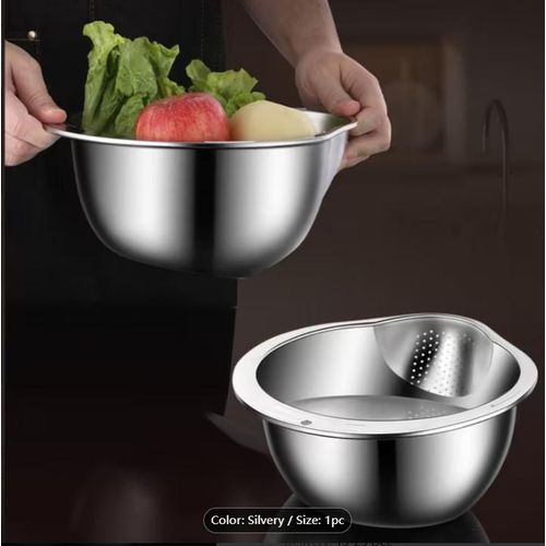 Stainless Steel Multi-Use Kitchen Colander - Ideal for Rice Washing, Fruit Draining & Vegetable Cleaning - Durable, Food-Safe Mesh Sieve with Handle for Efficient Water Filtering, Rice Strainer