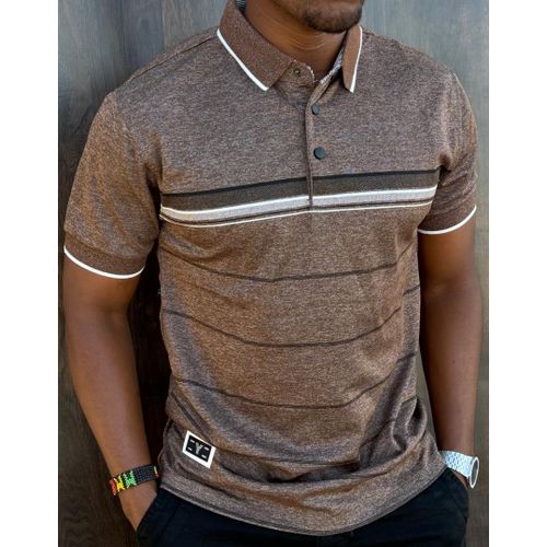 Men’s Dark Brown Striped Polo Shirt with Contrast Collar Trim