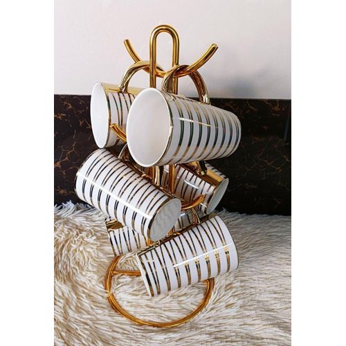 Gold Long Ceramic Mugs – 6 Pieces – Tea & Coffee Cups