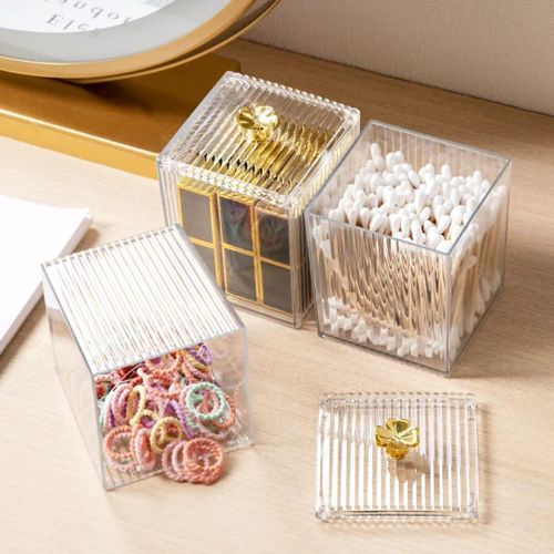 Clear Acrylic Storage Box with Lid, Ribbed Cosmetic Cotton Swab & Q-Tip Organizer Holder