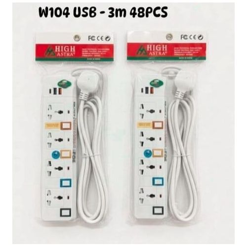 : W104 4-Way Extension Socket with Surge Protector, 2 USB Ports & 1 Type-C Port – 3M Cable
