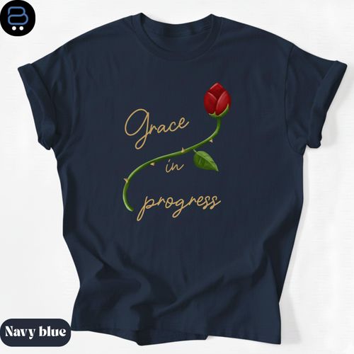 Christian Floral Rose Design Shirt Grace in Progress Faith NAVY BLUE