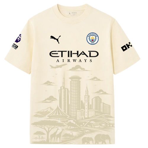 Manchester City Cream Nairobi Skyline T-Shirt. Premium Cotton Custom Jersey. Custom Jerseys Kenya