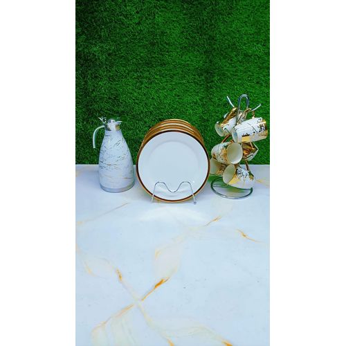 13 Piece Breakfast Combo Set – 6 Dinner Plates, 6 Mugs, 1 Flask