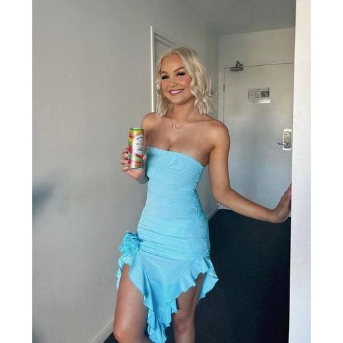 Women Sexy Mesh Sheer Sleeveless Ruffle Hem Mini Dress See Through Asymmetrical Side Split Frill Trim Bodycon Dress