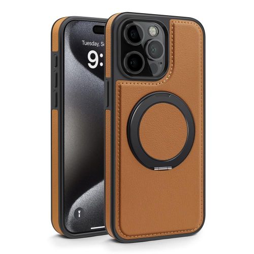 Brown Case with Magnetic Ring Kickstand Compatible with MagSafe PU Leather Back Cover Case for iPhone 14 Pro Max
