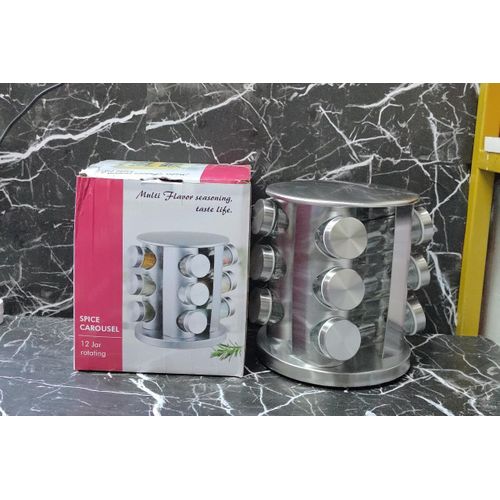 360° Rotatable Stainless Steel Spice Rack Organizer with Jars – Silver