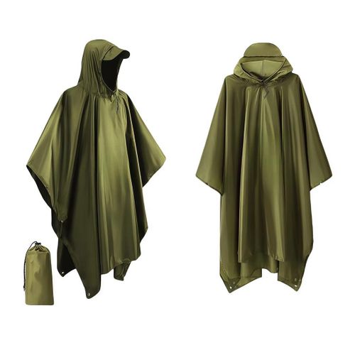 Hooded Rain Poncho for Adult, Waterproof Lightweight Raincoat Hiking Camping - Green