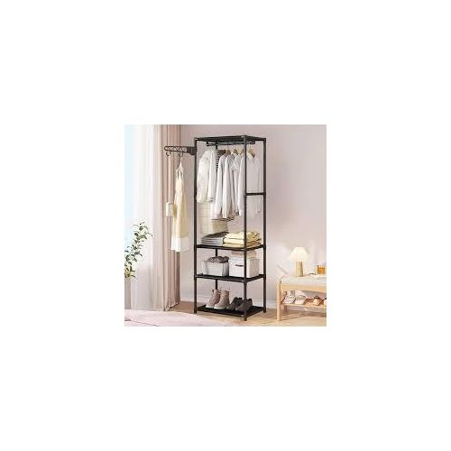 YH6606 3-Layer Heavy-Duty Coat Rack with Wardrobe Storage Shelves – Multi-Functional Bedroom Clothes Hanging Rail Organizer, Black Space-Saving Garment Rack with Side Hooks