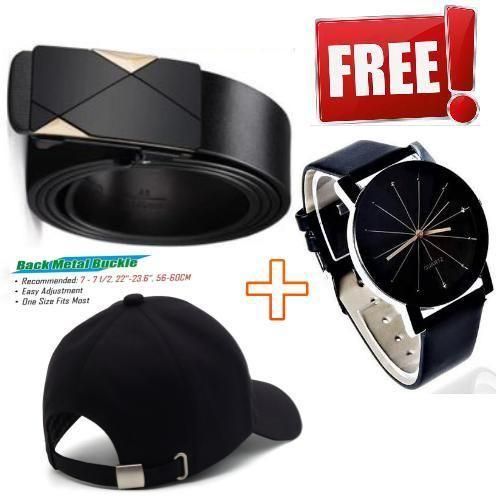 GOOD BELT FOR MEN // STRONG & LONG-LASTING MEN’S BLACK LEATHER AUTO BUCKLE BELT FOR HEAVY DAILY USE + FREE LUXURY WATCH